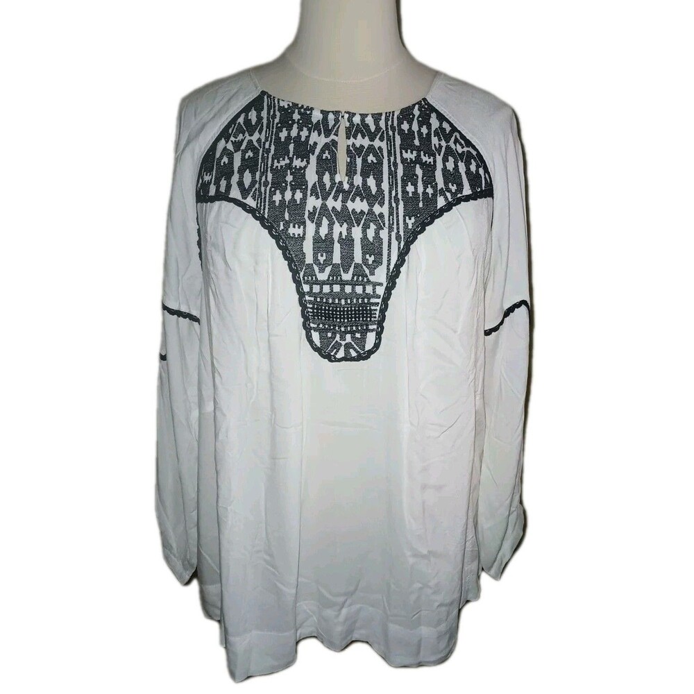 ELLOS Womens 22/24 1X Boho Peasant Cottagecore Embroidery Long Sleeve Ivory Top